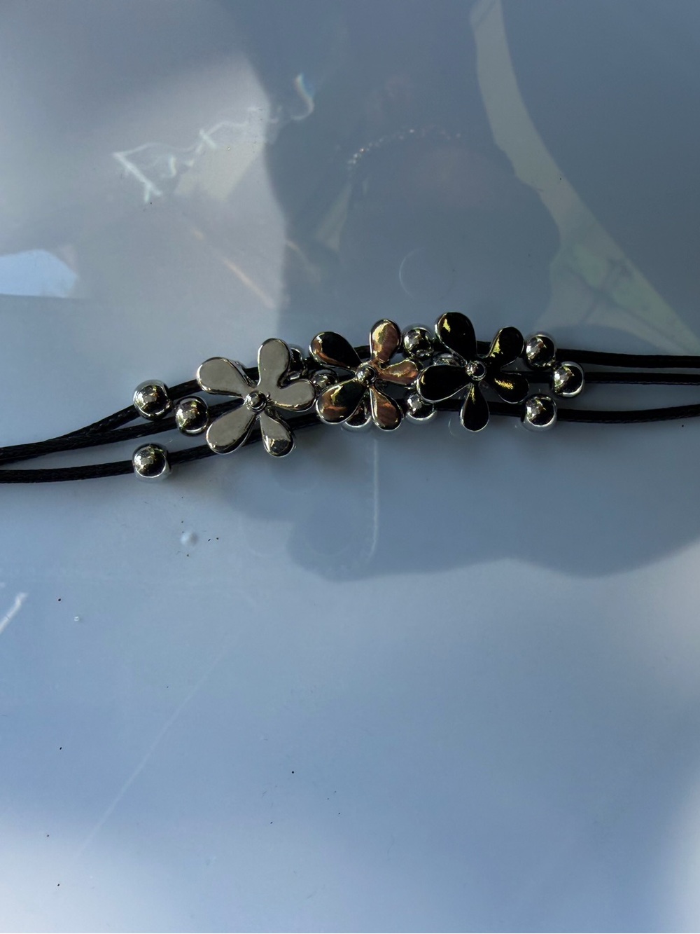 Silver Floral Leather Bracelet - Women's Accessory